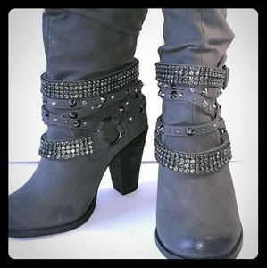 NOT RATED Gray Bling Studded Distressed Tall Boots